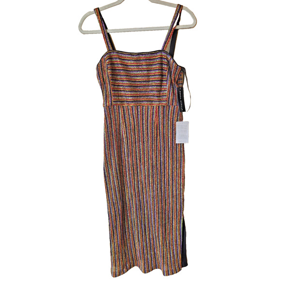 Donna Morgan Metallic Rainbow Striped Dress Size 4 Bodycon Shiny Party New - Picture 2 of 11